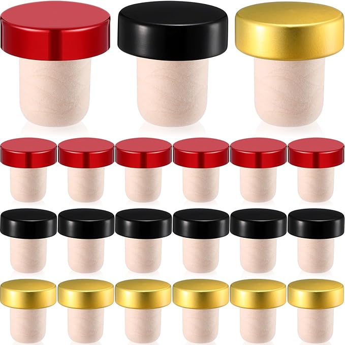Yookeer T-shaped Stopper Cork Wine Bottle Stoppers Reusable Wine Sealing Plug for Beer Bottles DIY Craft(Black, Gold, Red,24 Pieces)