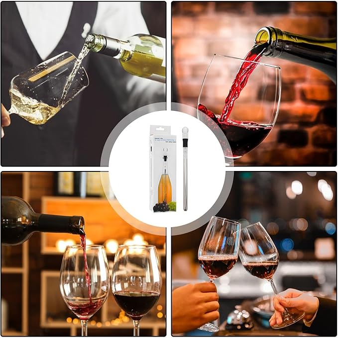 Chiller Bar - Red Chiller Rod, Stainless Steel Iceless Bottle Cooler with Stopper and Pourer | Perfect Wine Chiller Accessory at Home, Bar, Fes