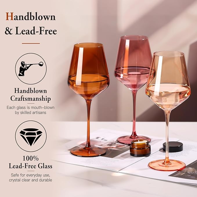 Colored Wine Glasses Set of 6, Handblown Colored Wine Glasse,Coloful Glassware,17OZ for Red or White Wine,Wedding Gift, Anniversary, Christmas, Birthday Wine Glass,Mothers Day Gifts,Gifts for My Wife