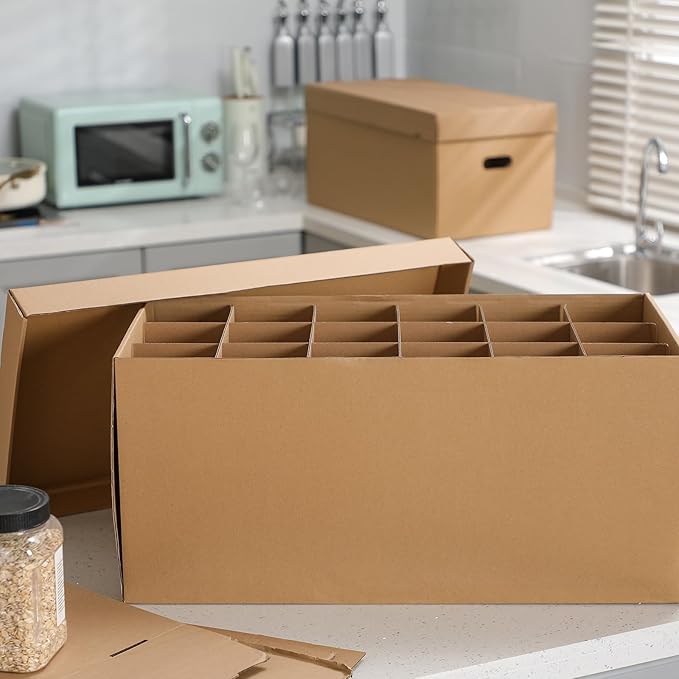 Feifeiya 4 Pack Wine Glass Moving Boxes Kitchen Moving Boxes with Handle Kitchen Kit with Lid for Dish Glassware (Brown,24 x 12 x 11 Inches)