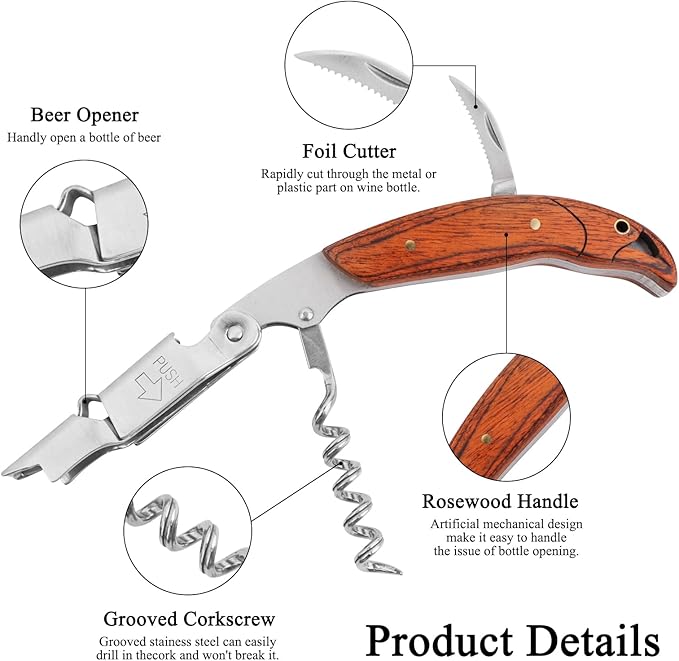 2-Pack Corkscrew Wine Opener - Professional Stainless Steel with Rosewood Handle, Foil Cutter, and Bottle Opener - Manual Wine Key for Bartenders, Servers, and Home Use