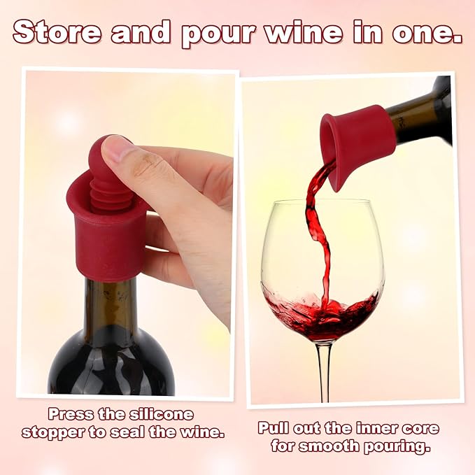 2 Set 2 In 1 Silicone Wine Bottle Stoppers & Pourers, Wine Spout Sealer Preserver Glass Champagne Caps with Vacuum Reusable & Easy to Clean Home Bar Restaurant Accessories(Black, Red)