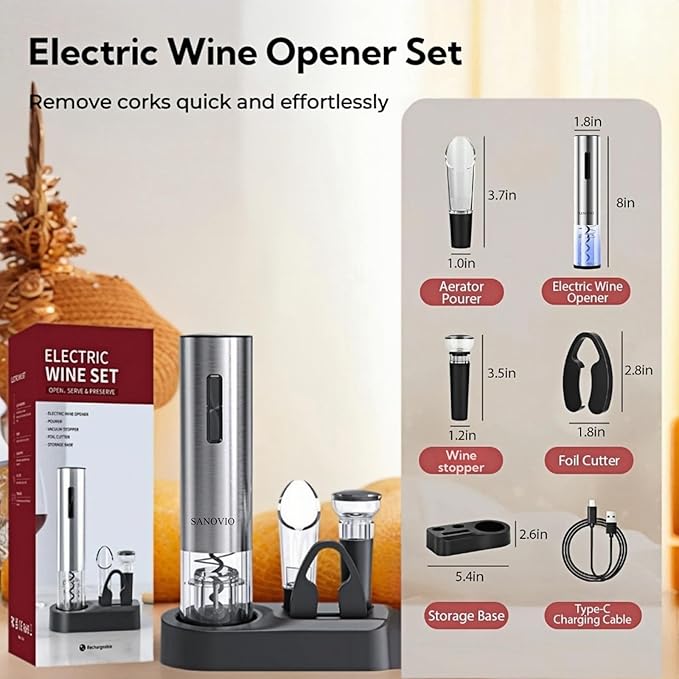 6-in-1 Electric Wine Opener Set - Rechargeable Automatic Corkscrew with Vacuum Sealer, Wine Aerator, Foil Cutter & Charging Base,Valentine's Day Gifts, Wine Lovers (Stainless Steel)