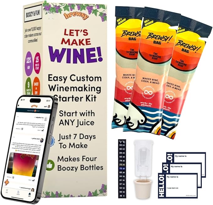 Brewsy Starter Kit for Wine Making - Custom Wine Kit - 4 Bottles in 9 Days - Red or White Wine - Use Any Juice