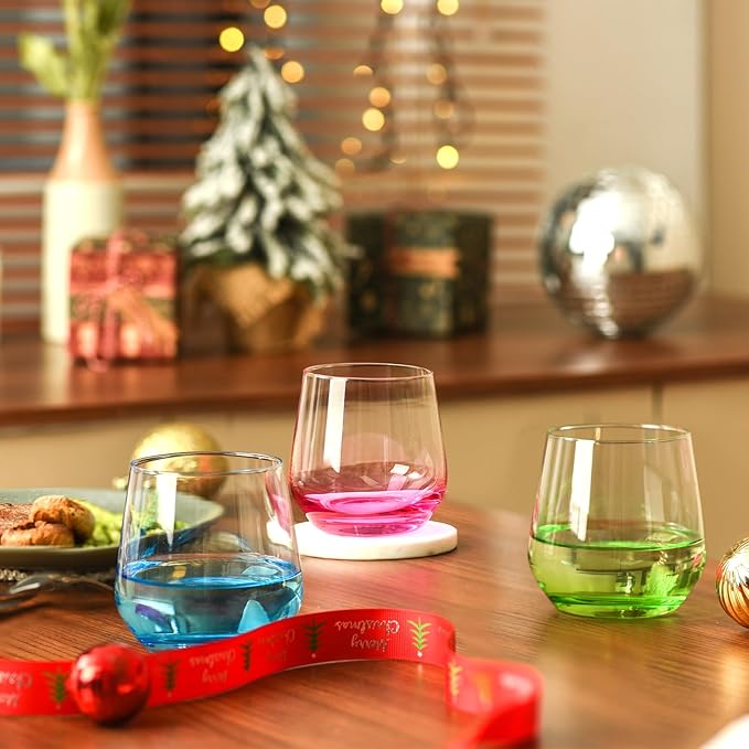 Stemless Wine Glasses Set of 6 - Hand Blown Colored Short Wine Tumblers - 15 oz Elegant Sparkling Wine Glass - Unique Gift for Birthday,Wedding, Mother’s Day