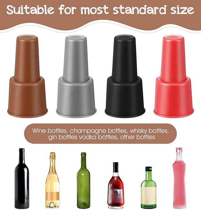 8Pcs Silicone Wine Stopper, Reusable Wine Bottle Stoppers for Champagne & Beer Bottles, Air Tight Seal to Keep Fresh, 4 Colors (Red/Brown/Gray/Black)