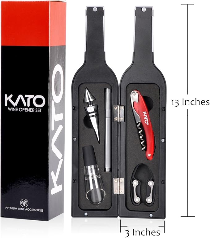 Kato Wine Bottle Accessories Set - Red Wine Corkscrew Opener Kit, Stopper, Aerator Pourer, Foil Cutter, Glass Paint Marker, with Free Drink Stickers, Great Mother's Day Gifts, Grey