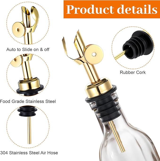 12 Pcs Weighted Stainless Steel Liquor Bottle Pourers Auto Flip Olive Oil Dispenser Spout Balsamic Alcohol Pourer Spouts for Home Bar Accessories (Gold)