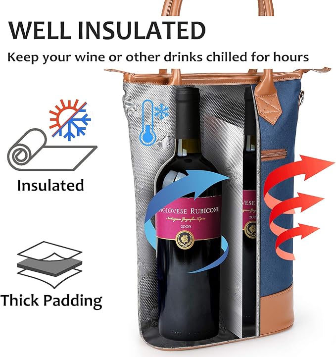 Tirrinia Insulated Wine Gift carrier Tote - Travel Padded 2 Bottle Wine/Champagne Cooler Bag with Handle and Adjustable Shoulder Strap, Great Wine Lover Gift, Blue