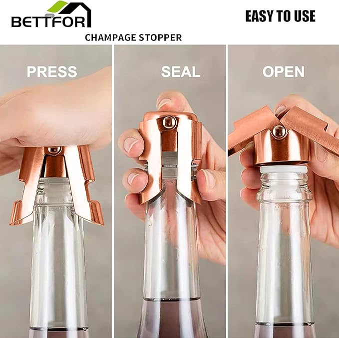 Champagne Stoppers with Stainless Steel Champagne Saver with Food Grade Silicone Leak proof Keep Fresh Suitable for Champagne, Cava, Prosecco and Sparkling(RoseGold, 1 Pack)
