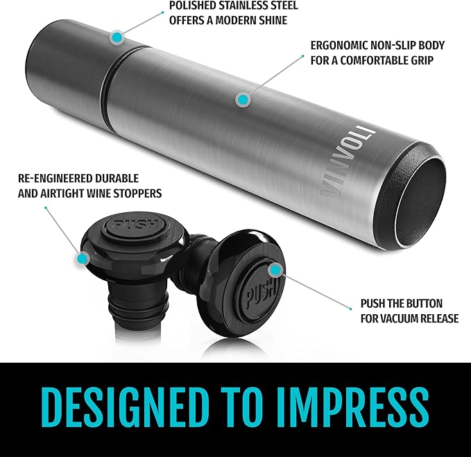 VINVOLI Wine Preserver Set - Deluxe 2026 Wine Vacuum Pump with 2 Reusable Wine Stoppers - Wine Sealer and Wine Saver to Keep Wine Fresh Longer - Professional Quality for Wine Lovers and Sommeliers