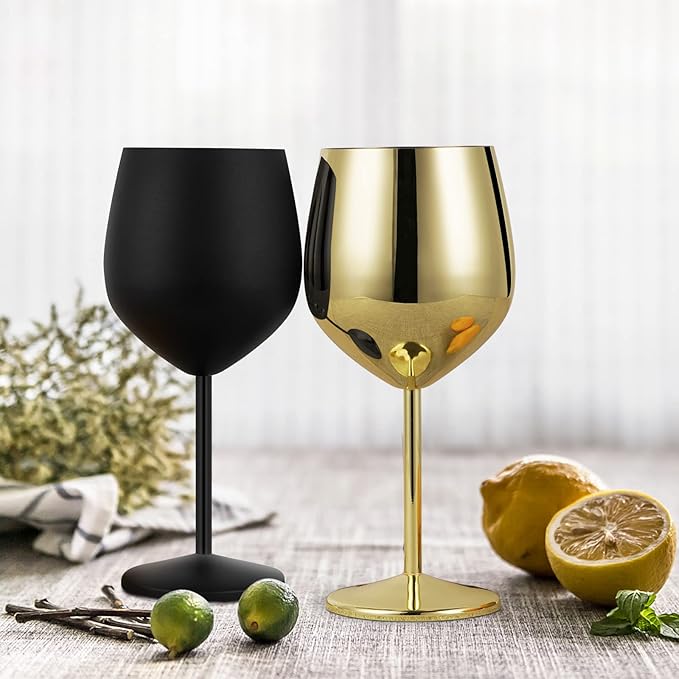Lifecapido Stainless Steel Wine Glasses Set of 4, 18oz Stainless Steel Wine Goblets, Metal Wine Glasses with Cup Brush for Party Office Wedding Anniversary, Great for Red White Wine, Gold and Black