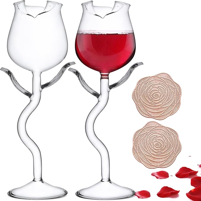 Rose Cocktail Glass Wine Goblet Glasses Flower Drinkware Set of 2, Crystal Champagne Flutes Classy Red Wine Glass, Ideal Gifts for Housewarming, Wedding, Birthday Celebrations