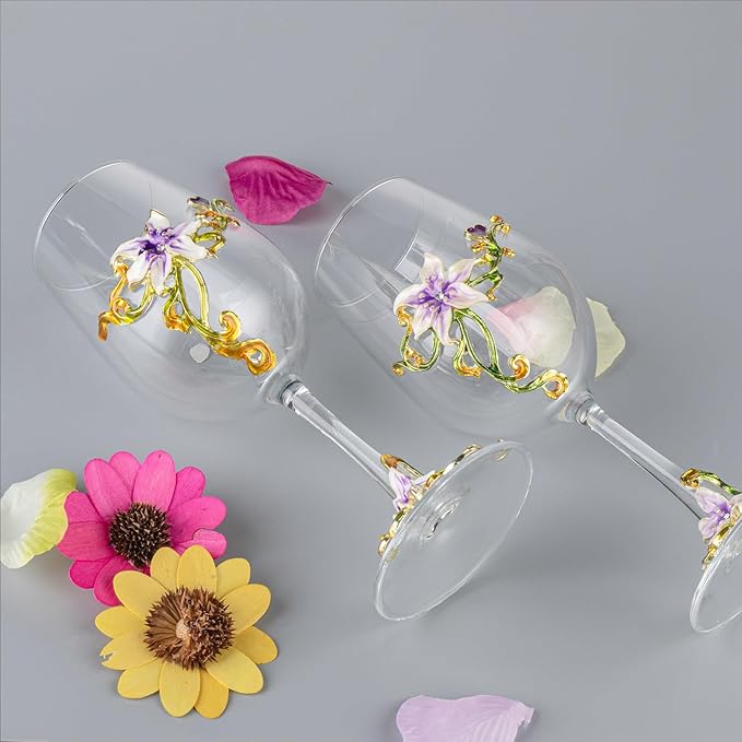 Simcat Handmade Painted Enamel Flower Glass Wine Glasses Transparent Refined Goblet, Stem For Cabernet, Gifts (Purple double gift box,2 Gift Box)