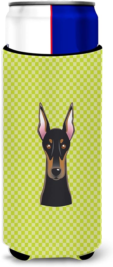 Checkerboard Lime Green Doberman Ultra Beverage Insulators for slim cans BB1307MUK