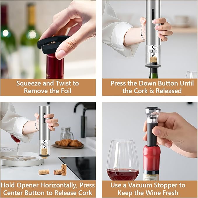 5-in-1 Electric Wine Opener - Auto Wine Bottle Opener with Storage Base,Foil Cutter,Aerating Pourer & Vacuum Stoppers | USB-C Rechargeable | 40+ Opens Per Charge | Gift for Housewarmings