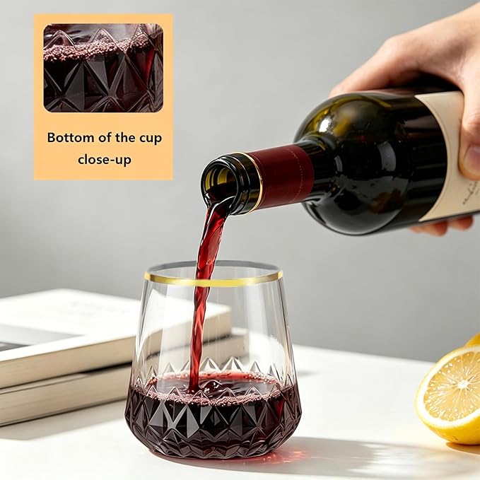 Lueumxc 40 Pack Plastic Wine Glasses, 14Oz Gold Rim Disposable Wine Glasses Unbreakable Rhombus Plastic Cocktail Glasses Recyclable Shatterproof Reusable Wine Cups