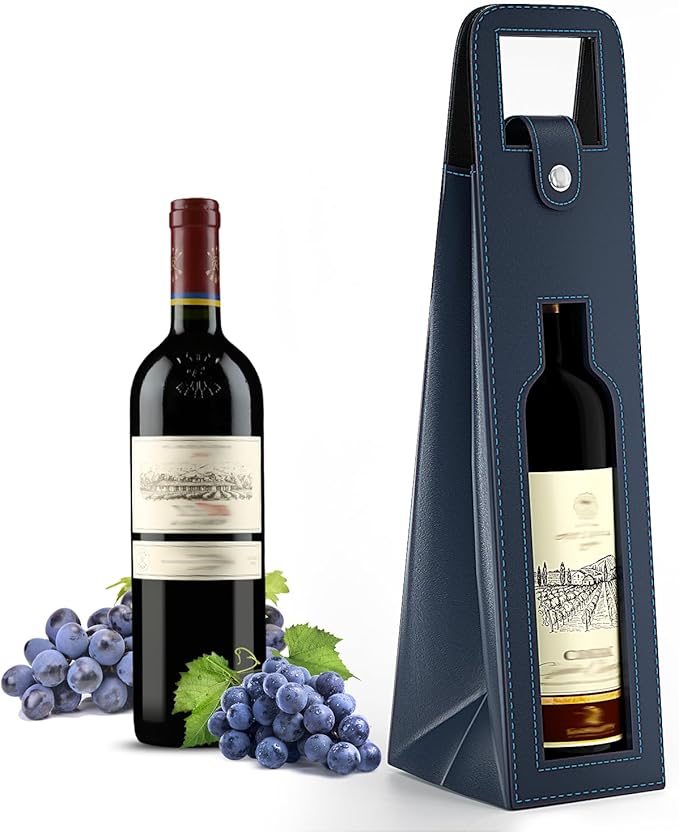 RYDDOY Wine Gift Bag, Reusable Leather Wine Tote Carrier, Single Bottle Champagne Beer Gift Bags Carrier for Birthday, Wedding, Picnic Party, Christmas festival Gifts (Blue)