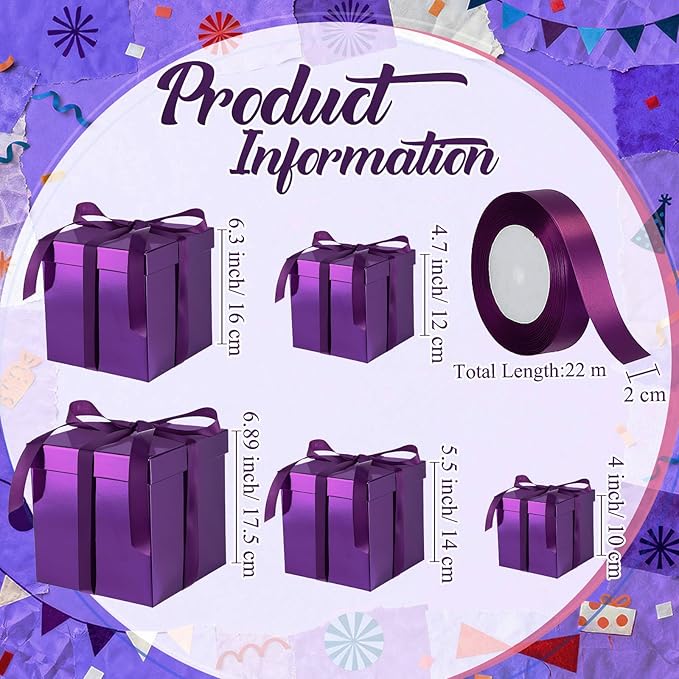 Cholemy 5 Pcs Square Nesting Boxes Decorative Gift Boxes with Lid and Ribbon Assorted Sizes Wrap for Wedding, Carnival, Anniversary, Birthday, Bridal Shower Party Gifts(Purple)