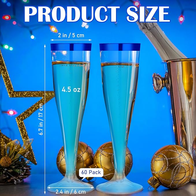 Jingmore 60 Pcs Plastic Champagne Flutes 4.5 oz Clear Disposable Wine Glasses Cocktail Cup Champagne Glass for Wedding Graduation Summer Party Favor Mimosa Bar Supplies (Blue)