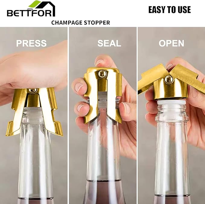 Champagne Stoppers with Stainless Steel Champagne Saver with Food Grade Silicone Leak proof Keep Fresh Suitable for Champagne, Cava, Prosecco and Sparkling(Gold, 6 Pack)