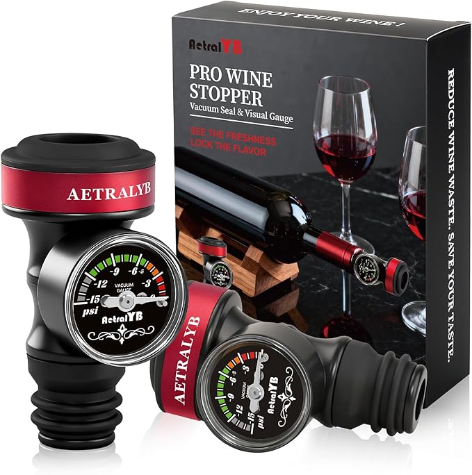 2 Pack Wine Vacuum Saver Sealer with Real-Time Pressure Gauge, Reusable Bottle Stoppers for Red & White Wine Preservation - Airtight Seal, Keep Fresh 5X Longer (Includes Hand Pump)