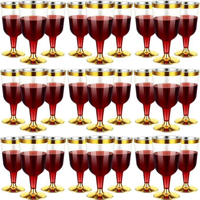 CHENGU 100 Pcs Plastic Wine Glasses 7 oz Gold Rimmed Mini Stemware with Removable Base for Wedding Parties Birthday Anniversary Champagne Toasting(gold)