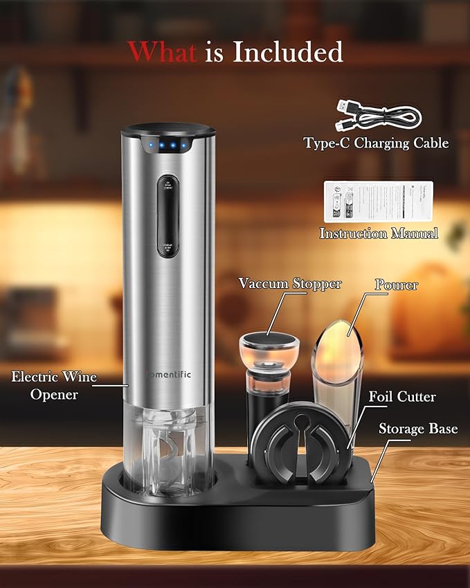 Electric Wine Opener Set With Stand - Premium Wine Gifts with Rechargeable Wine Opener, Foil Cutter, Pourer, Vacuum Stopper, and Elegant Package Box -Gift for Home Party Bar Outdoor