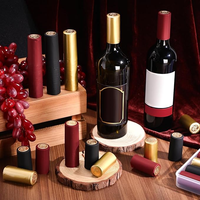Maxdot 120 Count PVC Heat Shrink Capsules with Storage Box Wine Bottle Sealer for Cruise Shrink Wrap Bottle Corks Capsules for Professional Making Wine Cellars and Home(Red, Gold, Black)