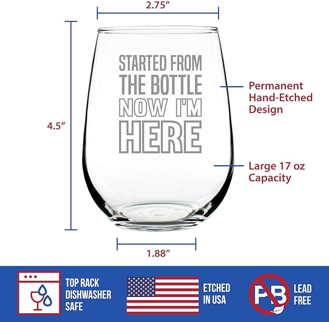 Bevvee Started From the Bottle – Funny Stemless Wine Glass, Large 17 Ounces, Etched Sayings, Gift Box