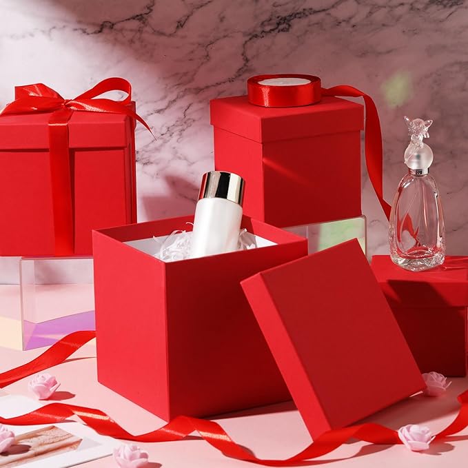 Cholemy 5 Pcs Square Nesting Boxes Decorative Gift Boxes with Lid and Ribbon Assorted Sizes Wrap for Wedding, Carnival, Anniversary, Birthday, Bridal Shower Party Gifts(Bright Red)