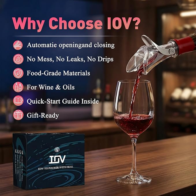 IOV Wine Bottle Pourer, Upgraded Sealing Wine Stopper with Dust Caps, Auto Flip Pourer Spout for Liquor, Olive Oil, Vinegar and Syrup, No-Drip Wine Accessories Gift for Wine Lovers