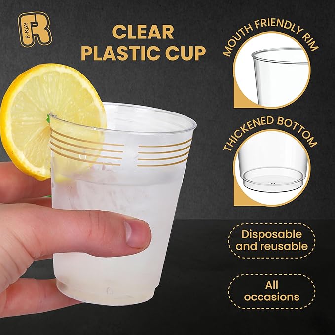 50 Pack Gold Plastic Cups For Party - 10 Oz Clear Party Cups Disposable - Hard Disposable Cups - Premium Heavy Duty Gold Cups - Disposable Cocktail Glasses - Plastic Glasses / Plastic Cocktail Glasses