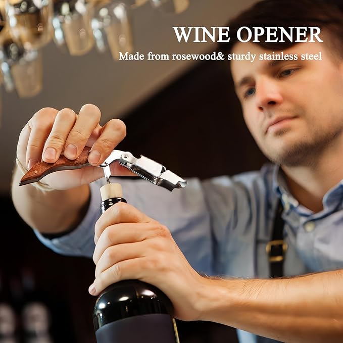 2-Pack Corkscrew Wine Opener - Professional Stainless Steel with Rosewood Handle, Foil Cutter, and Bottle Opener - Manual Wine Key for Bartenders, Servers, and Home Use
