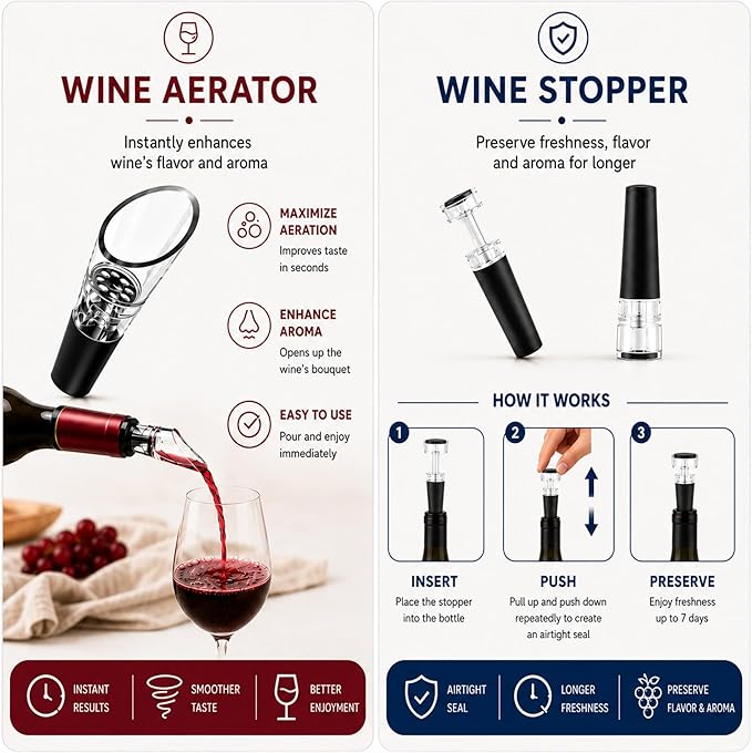 Electric Wine Bottle Opener Automatic Wine Opener Rechargeable Electric Corkscrew with Wine Aerator,Foil Cutter,Wine Stopper,USB-C Charge Cable, Perfect Dad Gifts(Silver)
