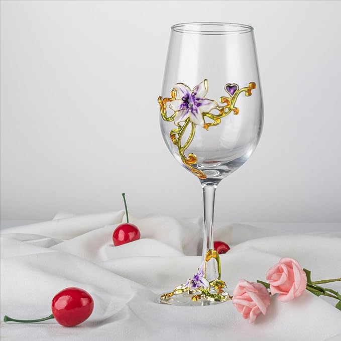 Simcat Handmade Painted Enamel Flower Glass Wine Glasses Transparent Refined Goblet, Stem For Cabernet, Gifts (Purple single gift box,1 Gift Box)