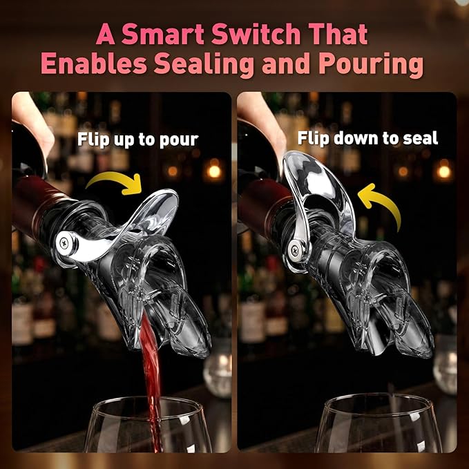 IOV Wine Pour Spout, Upgraded Sealing Liquor Bottle Pourers, Auto Flip Olive Oil Dispenser Spout, Pourer with Dust Caps for Alcohol, Vinegar and Syrup, No-Drip Wine accessories, Black