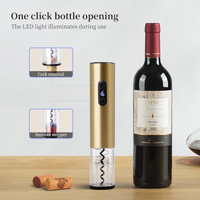 Battery Operated Electric Wine Opener by ELMWAY - Stainless Steel Electric Corkscrew with LED Light & Foil Cutter, Simple Push-Button Operation for Wine Lover (Gold, 4 x AA Not Included)