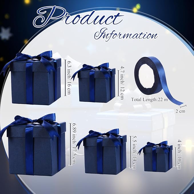 Cholemy 5 Pcs Square Nesting Boxes Decorative Gift Boxes with Lid and Ribbon Assorted Sizes Wrap for Wedding, Carnival, Anniversary, Birthday, Bridal Shower Party Gifts(Navy Blue)