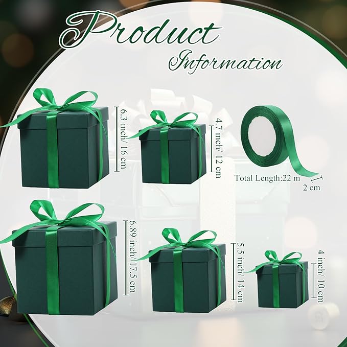 Cholemy 5 Pcs Square Nesting Boxes Decorative Gift Boxes with Lid and Ribbon Assorted Sizes Wrap for Wedding, Carnival, Anniversary, Birthday, Bridal Shower Party Gifts(Green)