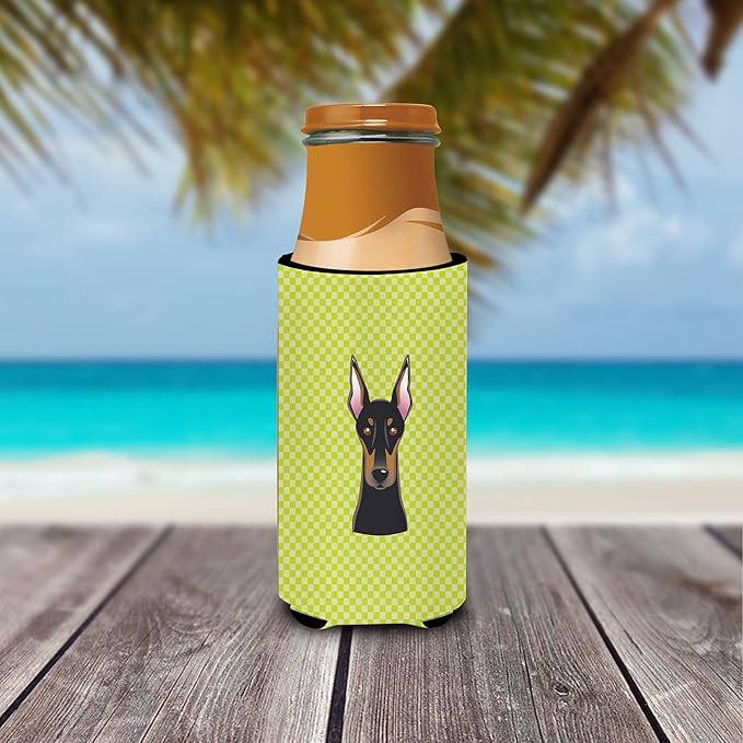 Checkerboard Lime Green Doberman Ultra Beverage Insulators for slim cans BB1307MUK