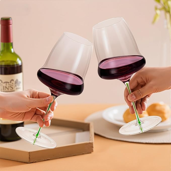 KAMMAK Wine Glasses Set of 2, 24.69 oz Hand Blown Crystal Bordeaux Wine Glasses, Thin Rim & Long Stem, Perfect for Red & White, Daily Use, Wedding or Birthday Gift with Gift Box, Clouds Green