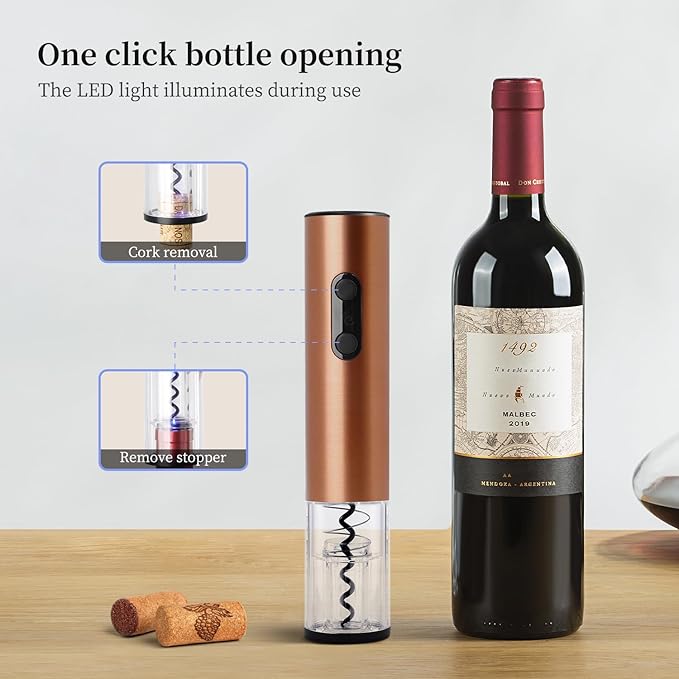 Battery Operated Electric Wine Opener by ELMWAY - Stainless Steel Electric Corkscrew with LED Light & Foil Cutter, Simple Push-Button Operation for Wine Lover (Rose Gold, 4 x AA Not Included)