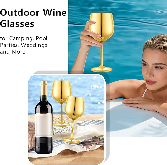 Stainless Steel Wine Glasses Set of 4 Unbreakable Gold Wine Glass 18 oz Unique Metal Wine Goblets for Outdoor, Travel, Camping, Pool, Ideal Gift for Wine Lovers
