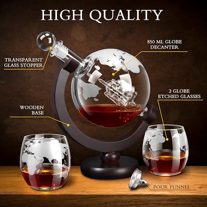 Whiskey Decanter Sets for Men, Whiskey Decanter Globe Set, Gifts for Men Dad Valentines Day with 2 Etched Globe Whisky Glasses for Liquor, Bourbon, Cocktails, Scotch liquor decanter Sets - 850ml