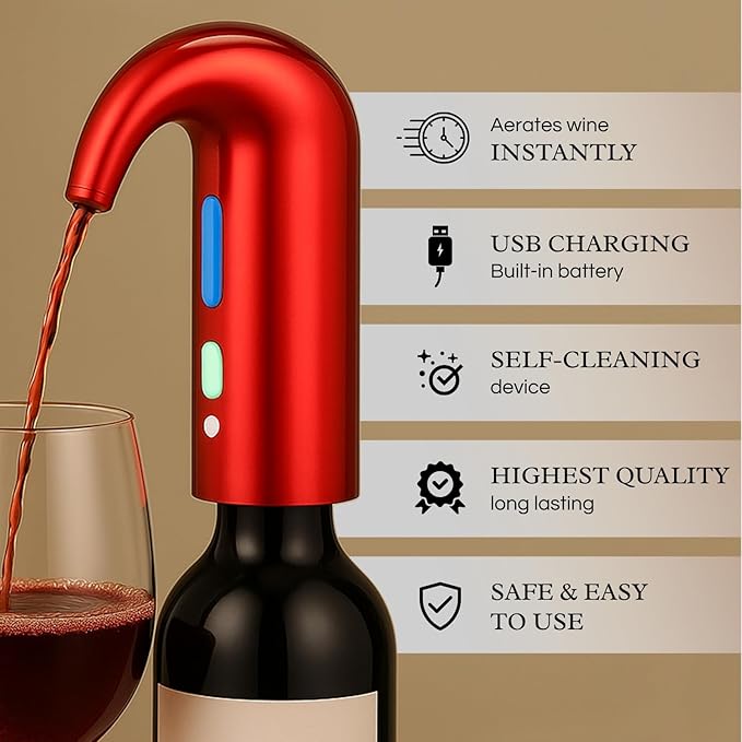 Electric Wine Aerator Dispenser - Portable Premium Opener Accessory for Red & White Wines - Touch Activated Aeration for Spirits - Spout Pourer - Beginner and Enthusiast Gift (RED)