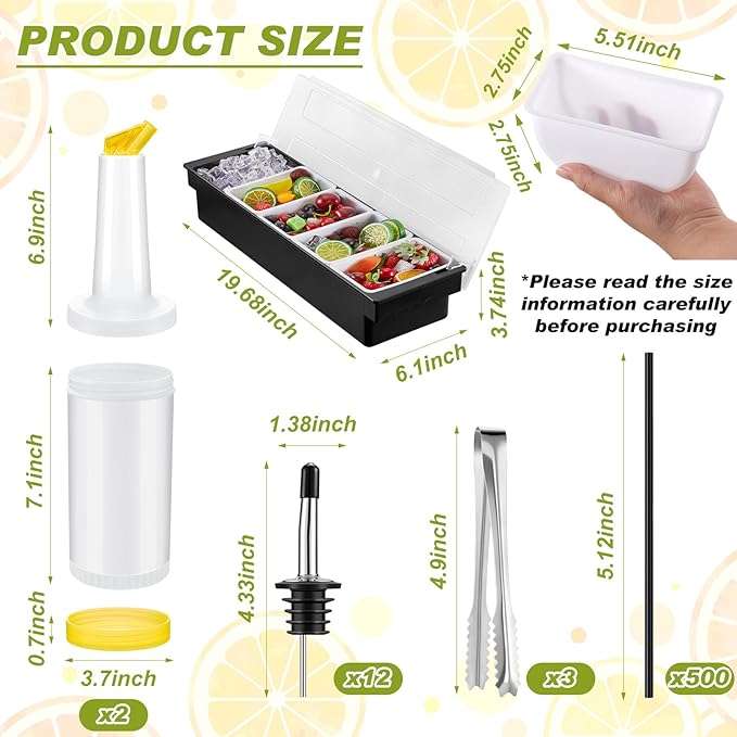 Mifoci Bartending Supplies 5 Compartments Garnish Tray with Lid Bar Caddy 3 Tier Glass Rimmer Stainless Steel Bottle Pourers Juice Pouring Cocktail Tools Plastic Serving Accessories