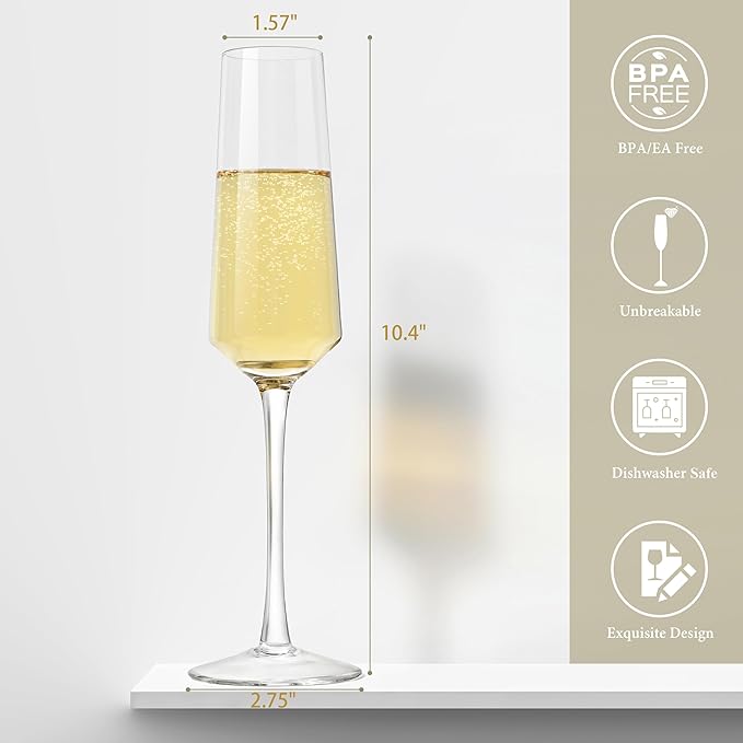 Crystal Champagne Flutes Glass Set of 4, Hand Blown Sparkling Champagne Glasses 7OZ, Premium Clear Mimosa Glasses with Long Stem, Unique Champagne Gift for Wedding, Engagement Gift