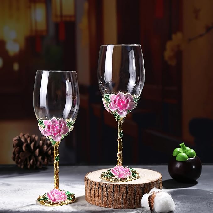 Simcat Handmade Painted Enamel Flower Glass Wine Glasses Transparent Refined Goblet, Stem For Cabernet, Gifts (pink double gift box,big flower)