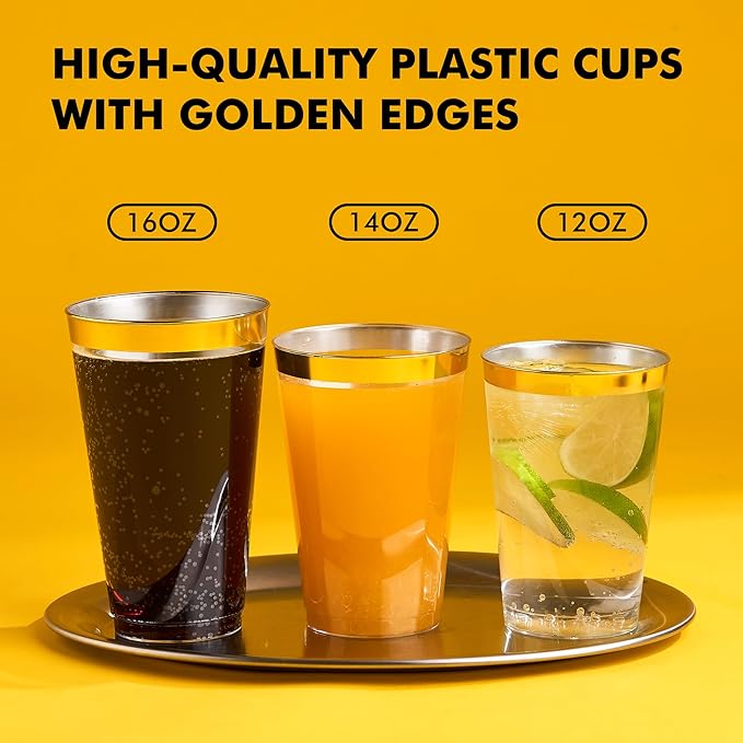RACETOP 200 Pack 16oz Gold Rimmed Plastic Cups, Heavy Duty Disposable Glasses, Elegant Gold Rimmed Disposable Hard Cups for Party, Thanksgiving, Wine Taesting, Birthday and Christmas.